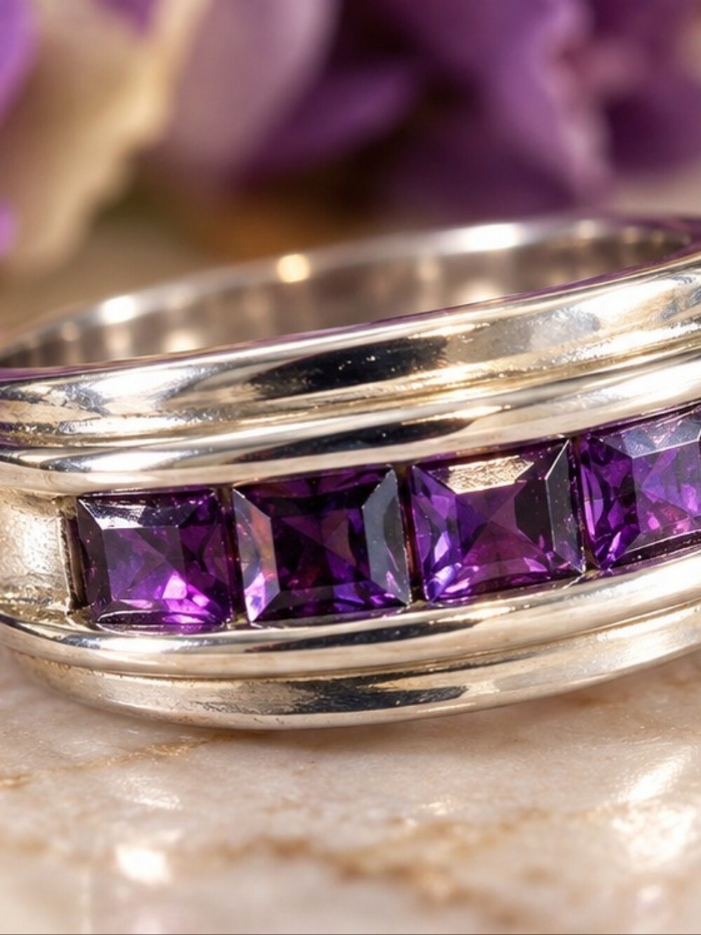 925 Sterling Silver Genuine Amethyst Ring Square Cut Estate Size 8 10g